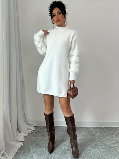 Vestido elegante de cuello alto para mujer, ajustado, midi, lavable a máquina, manga larga, color sólido, con puños acolchados, ideal para primavera/otoño, casual a semiformal, atuendo formal, estilo sofisticado, tejido con textura