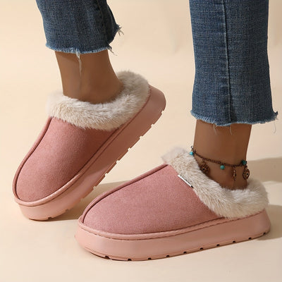 Elegantes zapatillas cortas de felpa para mujer que se ponen sin atar, con suela gruesa de EVA acolchada - Parte superior de tejido suave, comodidad para todas las estaciones, uso interior/exterior, zapatillas de interior, calzado de interior, zapatillas