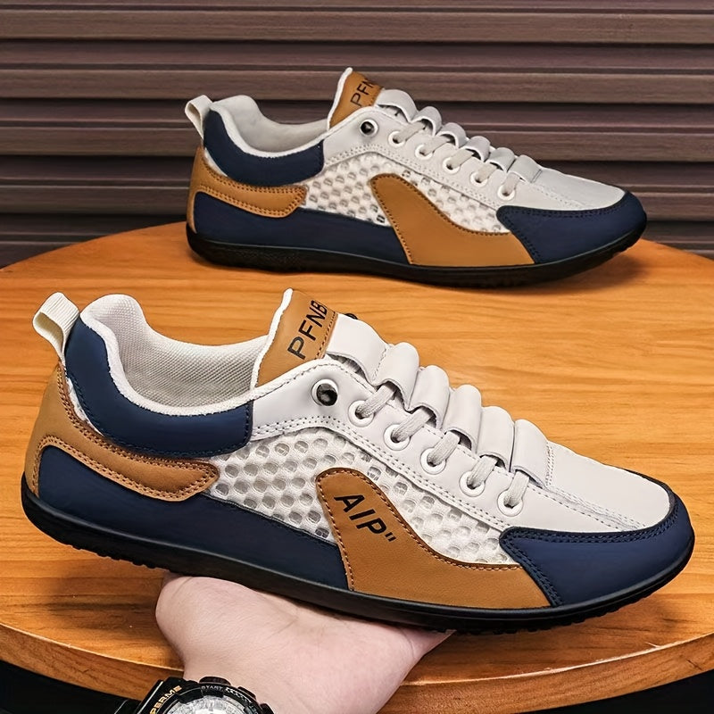 Zapatillas Casuales de Malla Transpirable para Hombre - Zapatos Bajos con Cordones Elásticos, Detalles en Azul Marino/Blanco/Dorado, Parte Superior Ligera y Suela de Goma Duradera para Gimnasio, Caminar o Uso Diario, Estilo Deportivo, Forro Cómodo, Ideal