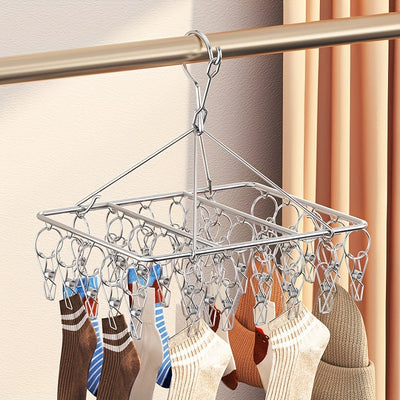Organizador colgante de acero inoxidable resistente al viento con 20 clips, ideal para secar calcetines, ropa interior y calcetines navideños. Ahorro de espacio para colgar ropa y solución de secado, adecuada para el hogar y el dormitorio, estantes de se