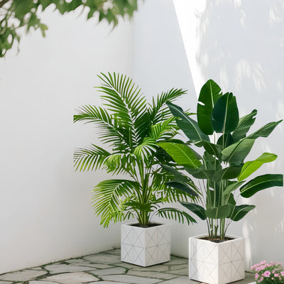 2 piezas de palmera artificial grande con hojas verdes realistas y de alta calidad, juego de árboles de plátano - Vegetación tropical para uso en interiores/exteriores | Ideal para hogar, sala de estar, jardín, patio, alberca, fiestas y celebraciones (Na