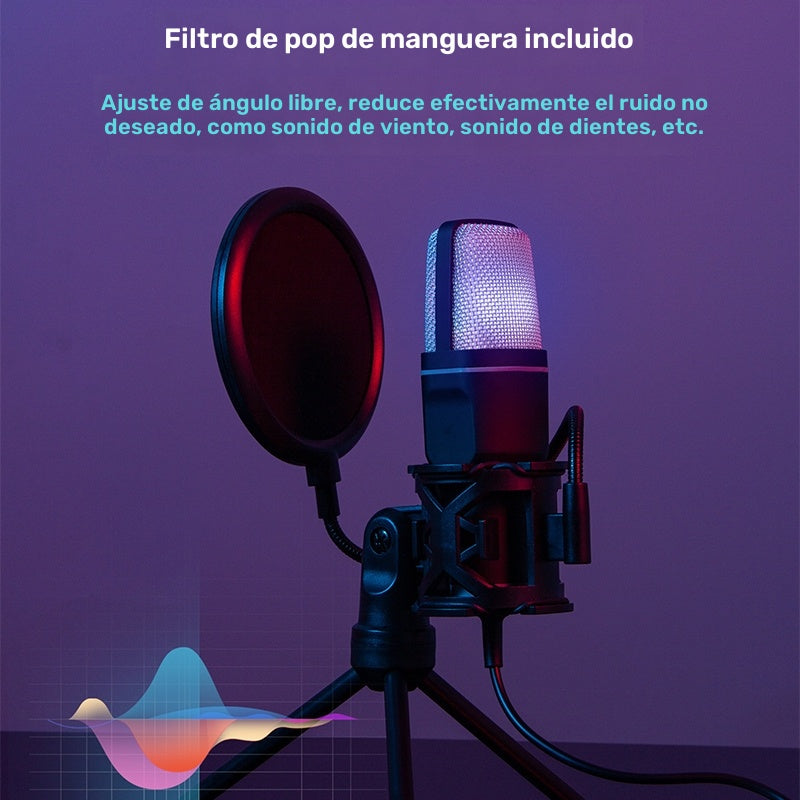 Micrófono para gaming, micrófono USB para PC, podcast, videos y streaming, micrófono condensador con función de silencio rápido, trípode, filtro antipop, luz indicadora RGB, montura antivibraciones, perilla giratoria de ganancia, compatible con PS4/5/PC