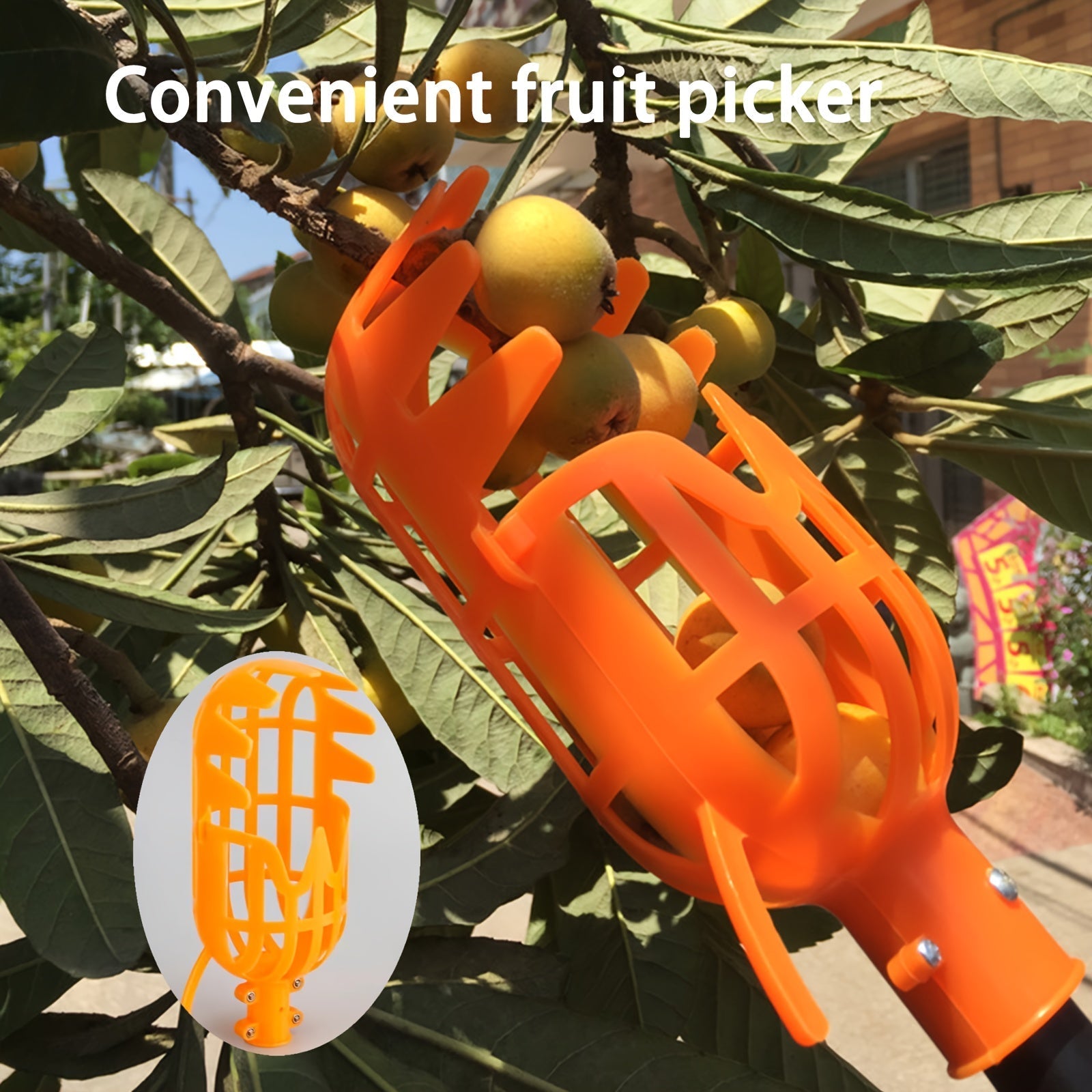 Herramienta Recogedora de Frutas Telescópica Naranja y Amarilla con Garras para Nísperos, Ciruelas y Yangmei - Cosecha en Altitudes Elevadas, Sin Batería Necesaria, Diseño Duradero de Metal