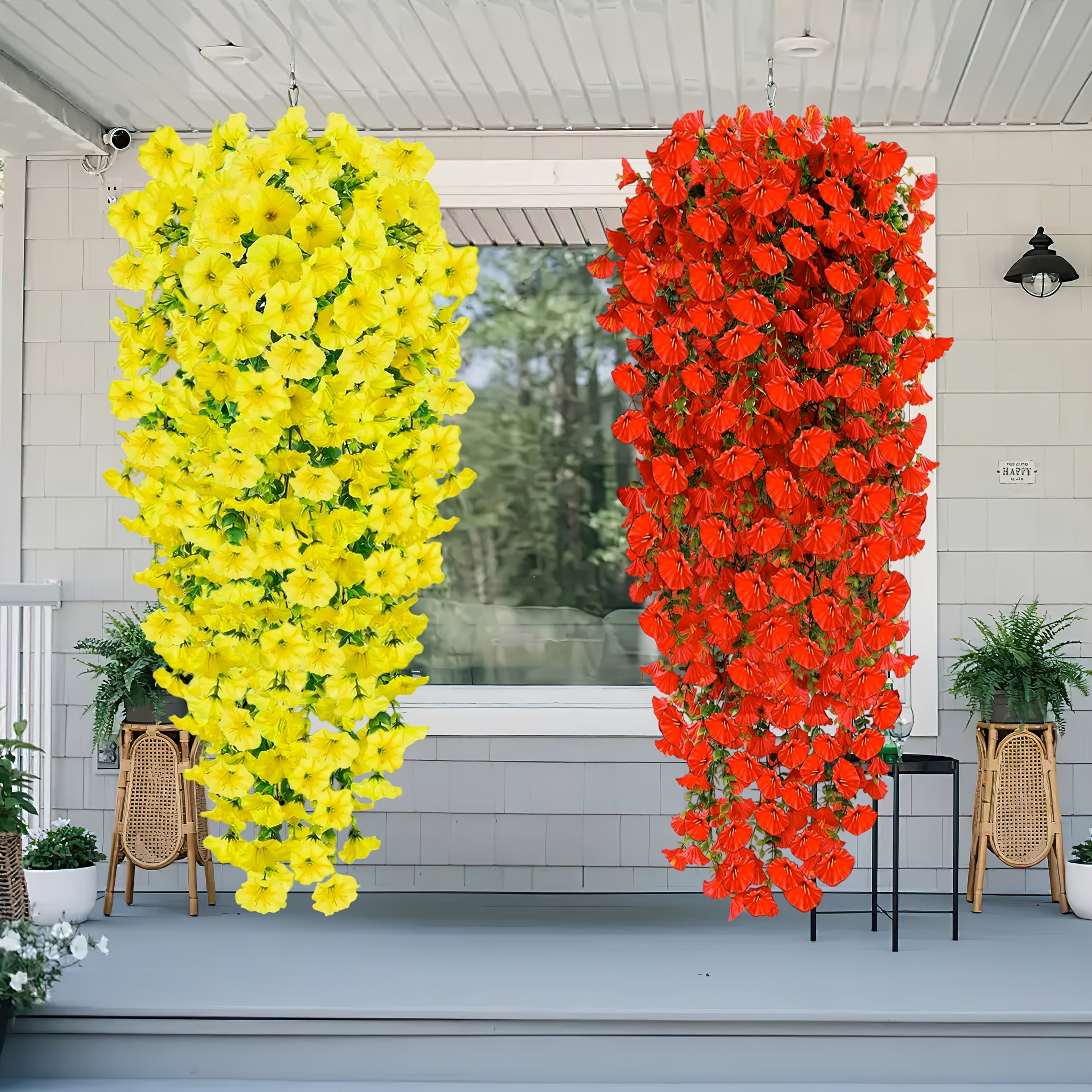 4 Juegos de Flores Artificiales Grandes para Exteriores - Arreglos Florales Realistas Resistentes a los Rayos UV, Decoración Colgante Ombre Amarillo a Rojo para Bodas, Fiestas, Jardín y Sala - Sin Mantenimiento, Batería No Necesaria, Decoración Todo el A