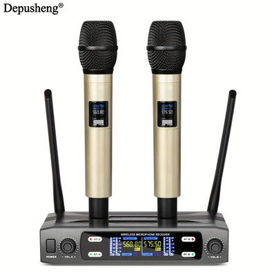 Micrófono inalámbrico profesional DEPUSHENG de dos canales portátil con pantalla digital, conector de 6,35 mm, indicador de batería y control de volumen - para reuniones, escenarios, actuaciones, KTV familiar, micrófono para computadora, equipo de audio