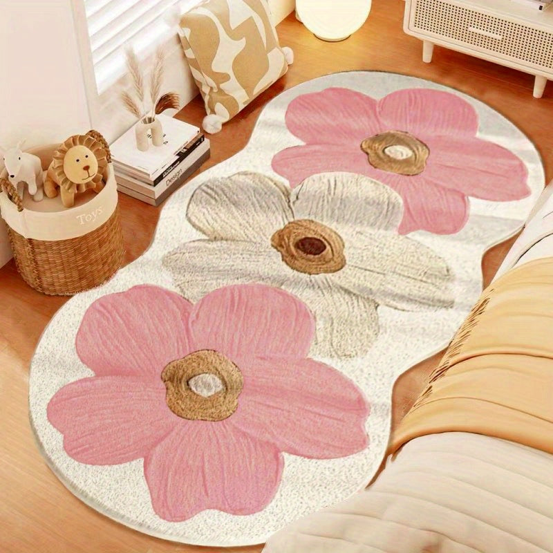 Alfombra floral francesa elegante para dormitorio - Felpa imitación cachemira, 1000g/m², 10mm de grosor, diseño de flores en rosa y crema, antideslizante y lavable a máquina, perfecta para decoración de sala o cabecera, alfombra decorativa para dormitori