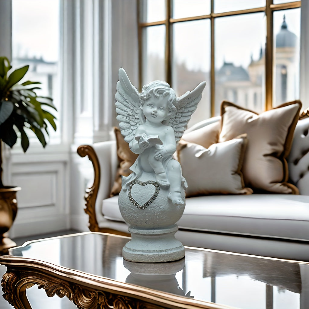 Estátua de ángel de resina, 1 pieza Figura decorativa de querubín leyendo con detalle de corazón, ideal para decoración interior, estantería, exhibición de arte en el hogar y jardín, no se requiere electricidad