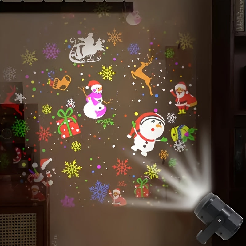 1 proyector LED navideño giratorio con diseños de Santa Claus, copos de nieve y motivos festivos, alimentado por USB, decoración para habitación, fiestas, celebraciones y ambiente navideño, iluminación versátil para interiores