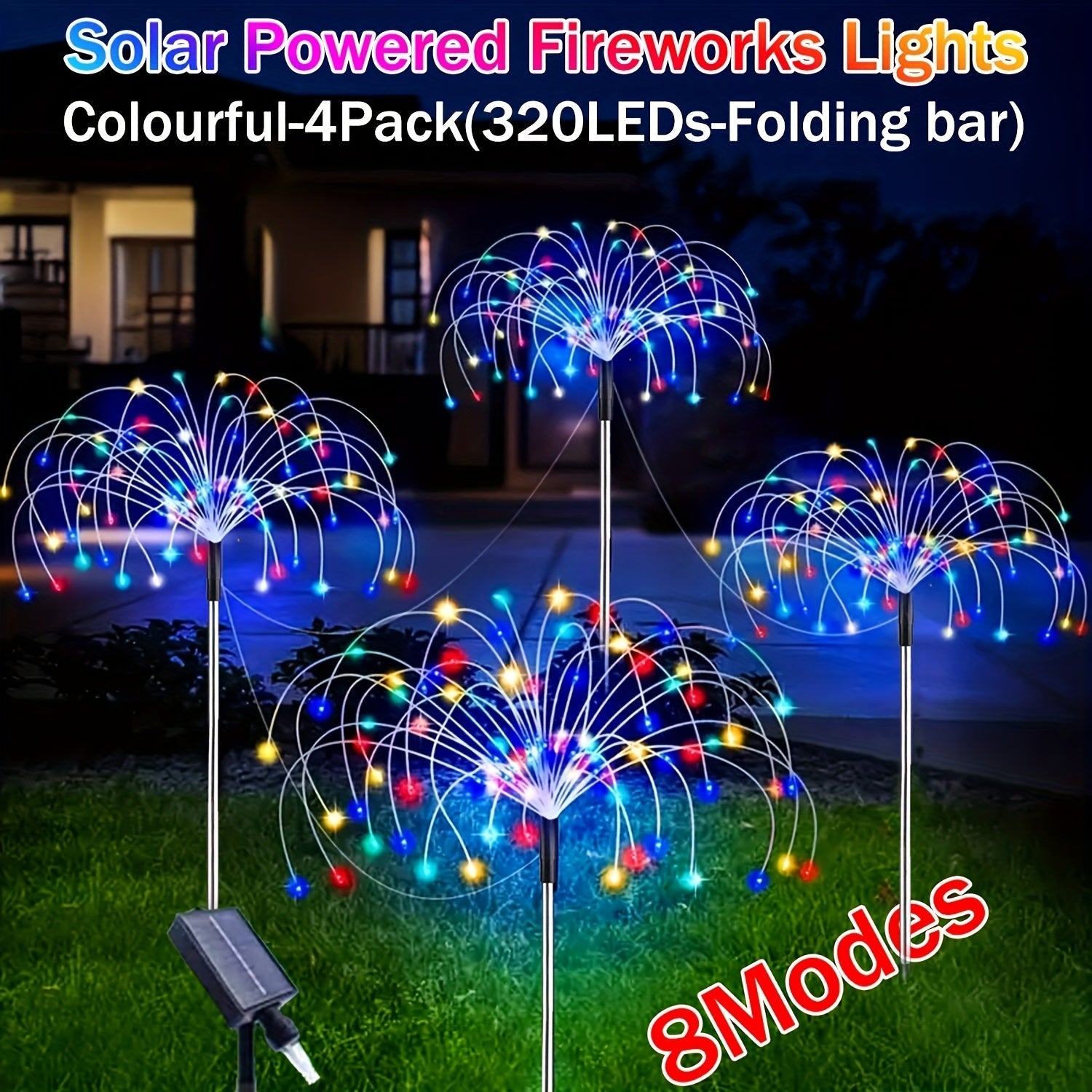 4/ 1 Paquete de Luces Solares para Jardín con 8 Modos, Luces de Fuegos Artificiales LED 320/240/90 - IP65 Impermeables - Luces de Cadena Multicolor y Cálidas para Decoración Exterior, Patio, Sendero, Fiesta o Celebraciones - Iluminación para Exteriores