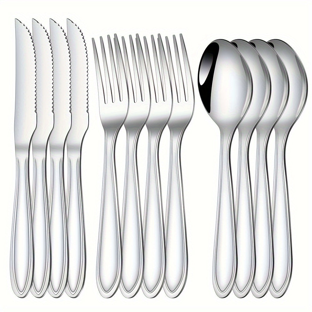 Juego de cubiertos de acero inoxidable, 12 piezas, pulido espejo, apto para lavavajillas, ideal para comedor en casa