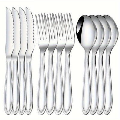 Juego de cubiertos de acero inoxidable, 12 piezas, pulido espejo, apto para lavavajillas, ideal para comedor en casa