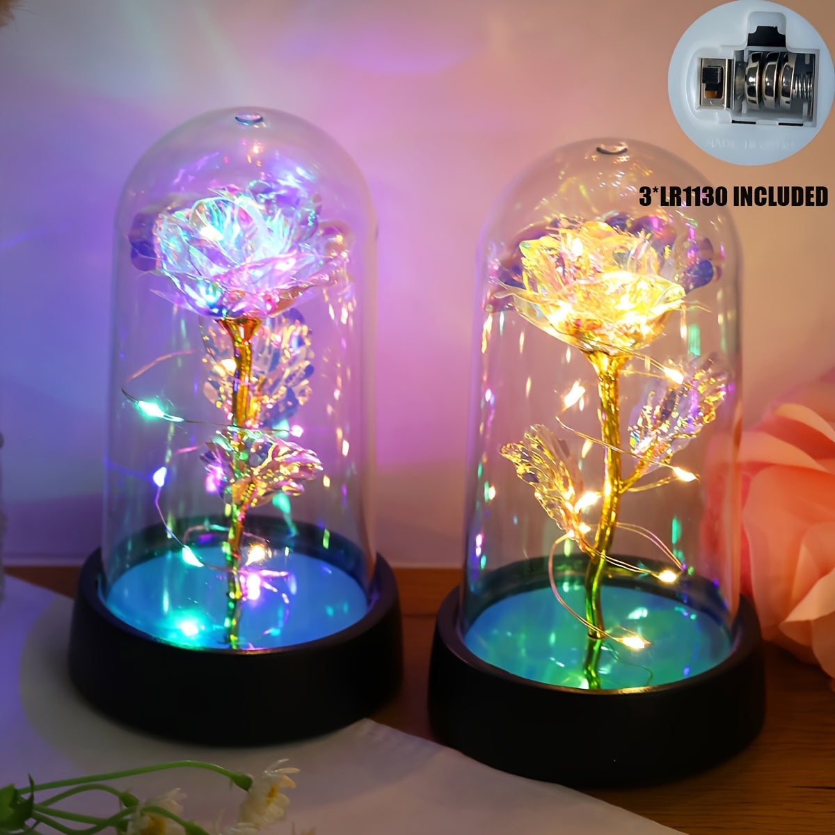 1 pieza de luz nocturna de rosa LED con papel de oro, lámpara de mesa moderna de plástico con batería, iluminación de cama, iluminación de fiesta de bodas, regalo del Día de la Madre, luz decorativa de escritorio interior, incluye batería, decoración de