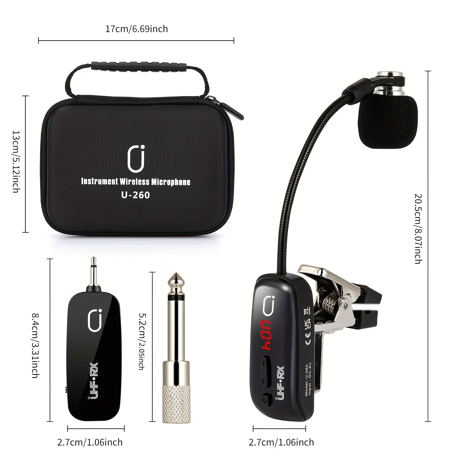 JYX Brand, Micrófono sin varillas U-260 para Saxofón y Trompeta, Sistema de Transmisor y Receptor Recargable con Alcance de 48.77 Metros, Plug-and-Play, Apto para Trompeta, Trompa, Violonchelo, Incluye Estuche de Almacenamiento,