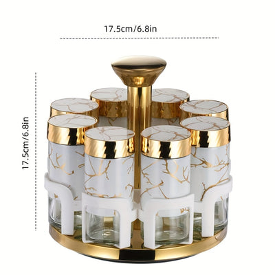 Juego de especias de cocina de 8 botellas con asas doradas - Elegantes frascos de vidrio blanco y dorado para condimentos, pimientas y hierbas, ideales para estanterías giratorias de especias, esenciales para estanterías de especias | Contenedor de espec