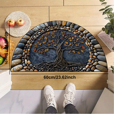1pc Felpudo de bienvenida con árbol de la vida - Lavable, antideslizante con respaldo de silicona, poliéster, para decoración de porche/sala de estar/dormitorio/oficina y exterior