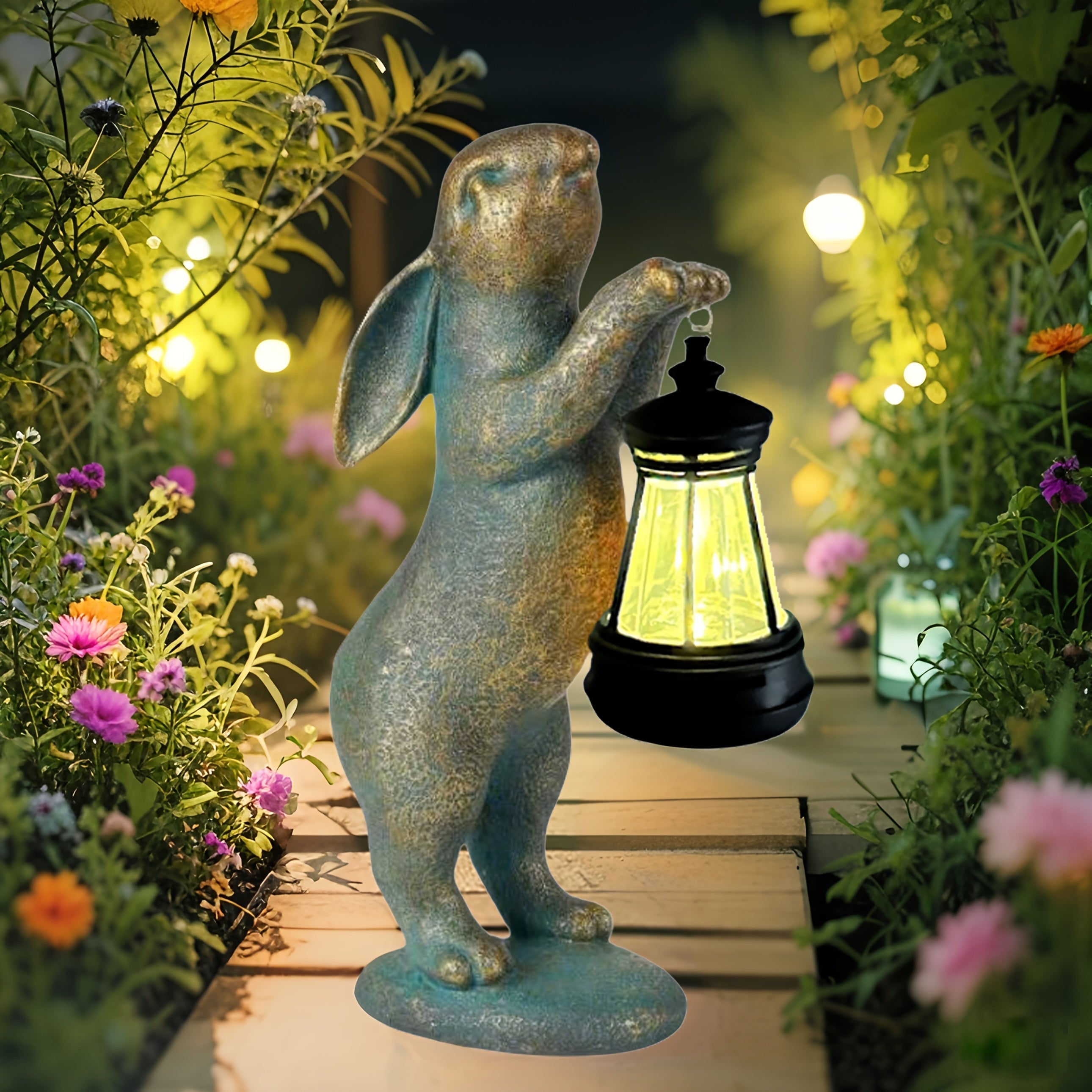 1 pieza de lámpara de resina con energía solar, conejo de bronce vintage con gafas y sombrero, estatua decorativa para jardín al aire libre, acabado encaustico, regalo de Día de la Madre y vacaciones para amigos, iluminación de jardín | Lámpara vintage |