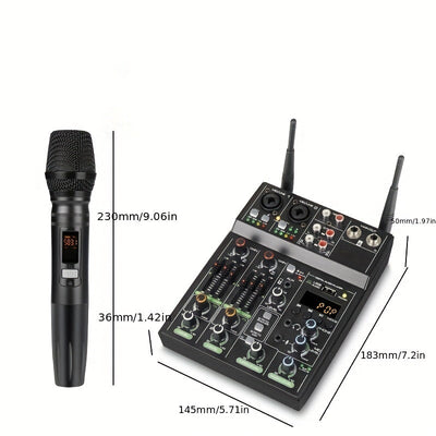 Mezclador de Audio Profesional de 4 Canales con Sistema de Micrófono Inalámbrico UHF para Escenario, Karaoke y Actuaciones En Vivo – Alimentado por USB, Construcción de Aleación, Negro, Incluye 2 Micrófonos y Fuente de Alimentación Fantasma, Accesorios p