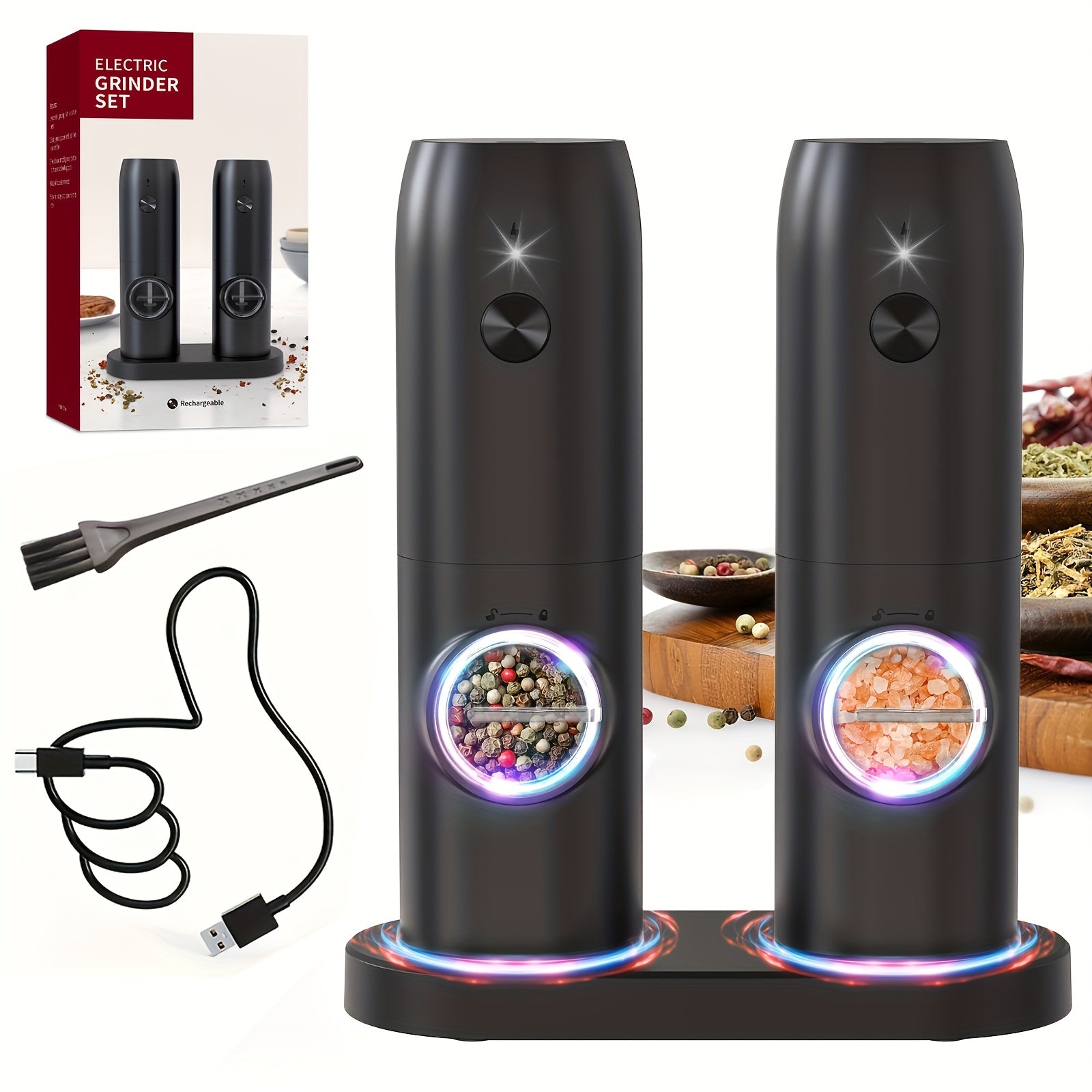 1pc/2pcs opción, molinillo eléctrico de sal y pimienta recargable con luz LED, ajuste de molienda, gran capacidad, ideal para cocina hogareña, barbacoas, restaurantes o regalo de boda