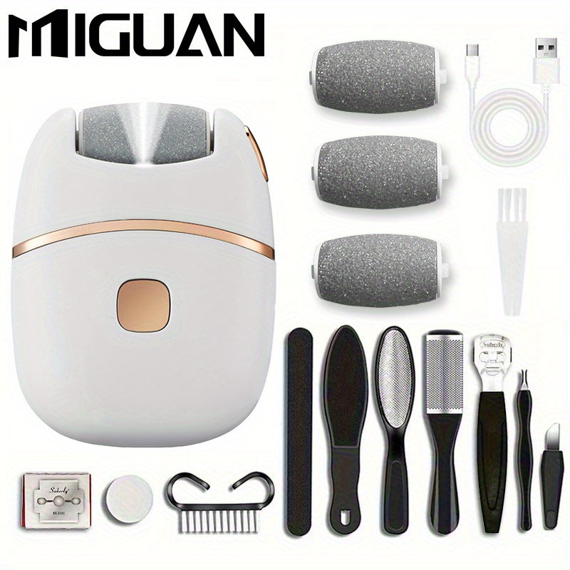 Amoladora Eléctrica para Pies con 3 Cabezales de Repuesto, Juego de Herramientas de Pedicura de 10 Piezas, Lima Eléctrica - 2 Velocidades, Batería de Litio 400mAh, Luces LED Auxiliares, Compacta y Portátil para Viajes - El Mejor Regalo para el Día del Pa