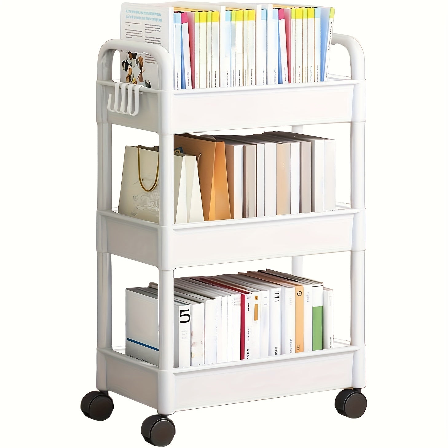 Carrito organizador de 3 niveles con ruedas, versátil para cocina, oficina y hogar, estante de plástico blanco para padres y familia, carrito de almacenamiento para cocina