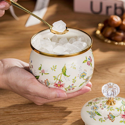 Tarro de azúcar floral esmaltado con tapa dorada, 1 unidad – Hermético, multiusos para almacenar café, té y alimentos, diseño redondo, solo lavado a mano