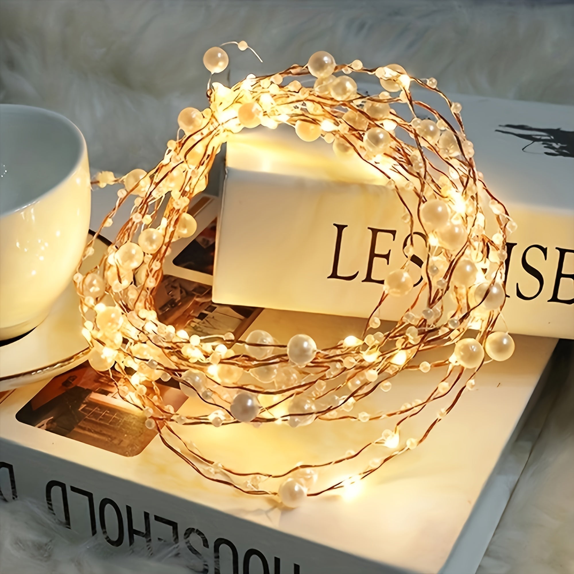 1pieza Luces de cuerda decorativas de perla, blanco cálido 20/50 LED, operadas por batería (baterías no incluidas), sombra de plástico, luces de hada de cobre para dormitorio, boda, decoración de propuesta, ≤36V