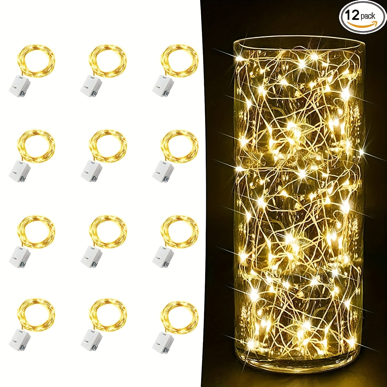 12 pzas. luces LED de hadas con cable de cobre, 2 metros de largo, con pilas, mini luces de bengala en tono amarillo cálido, perfectas para dormitorio, hogar, jardín, bodas, Navidad y decoración de fiestas, uso en interiores y exteriores, luces de hadas