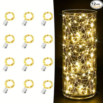 12 pzas. luces LED de hadas con cable de cobre, 2 metros de largo, con pilas, mini luces de bengala en tono amarillo cálido, perfectas para dormitorio, hogar, jardín, bodas, Navidad y decoración de fiestas, uso en interiores y exteriores, luces de hadas