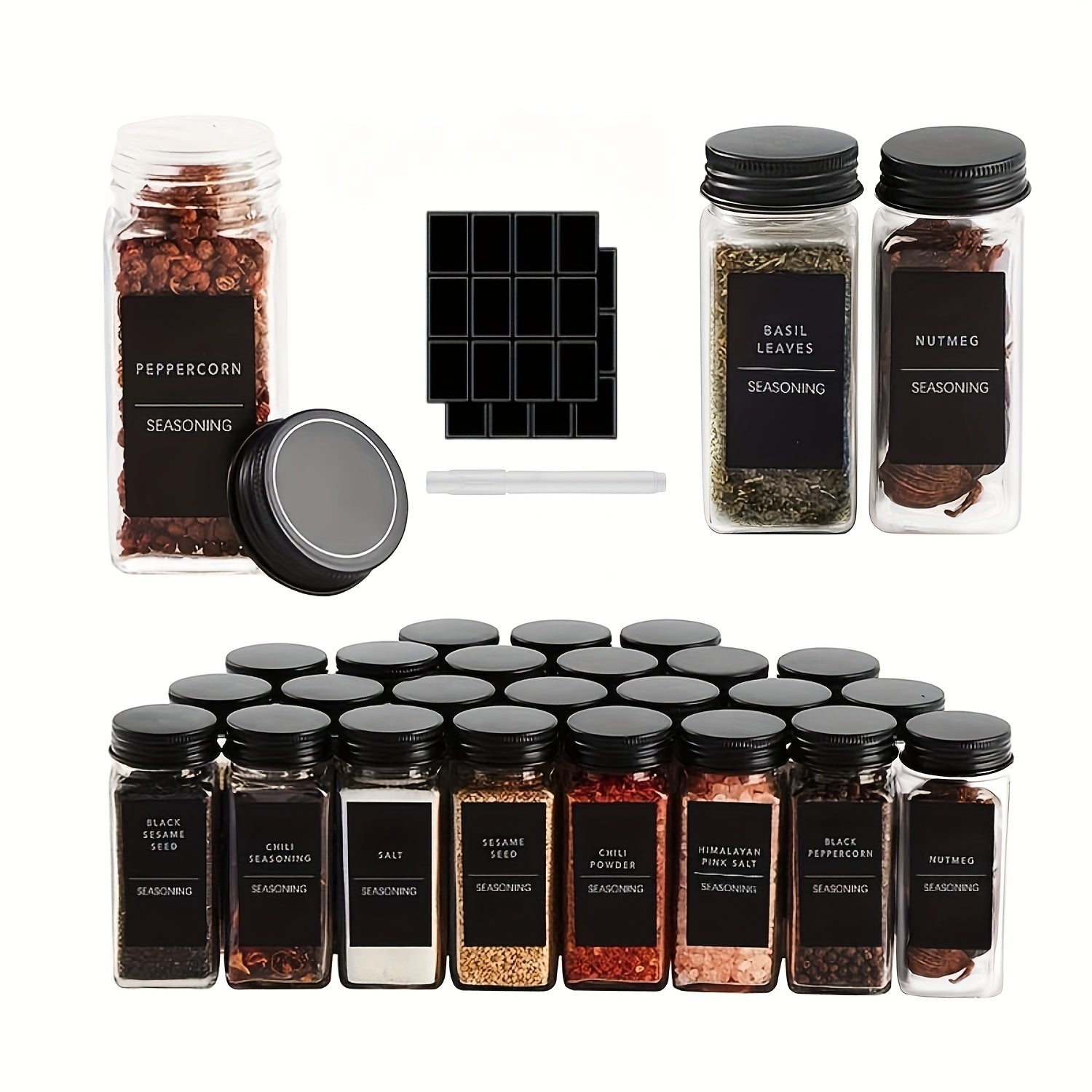 12/24 Paquete de Tarros de Plástico para Especias, 5.6 oz (Aproximadamente 160 g), Contenedores Cuadrados con Saleros y Pimenteros Reutilizables, Incluye Tapas Selladas, Etiquetas y Bolígrafos, Ideales para Especias, Hierbas, Polvos y Purpurina