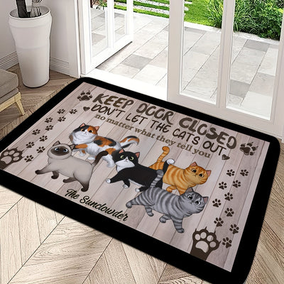 1pz Alfombra Antideslizante con Borde Ancho de Gatos de Dibujos Animados y Huellas, Mensaje Divertido "Mantén la Puerta Cerrada", Tapete de Bienvenida 100% Poliéster para Entradas, Porche, Decoración del Hogar, Alfombra Interior/Exterior Lavable en Máqui