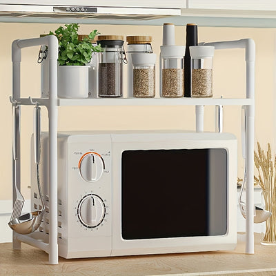Estantería de Cocina de Almacenamiento Abierto con Compartimento para Microondas - Plástico Duradero, Diseño de Dos Niveles para una Organización Eficiente, Incluye Porta Utensilios y Estantes Espaciosos para Productos Secos, Organizadores y Almacenamien