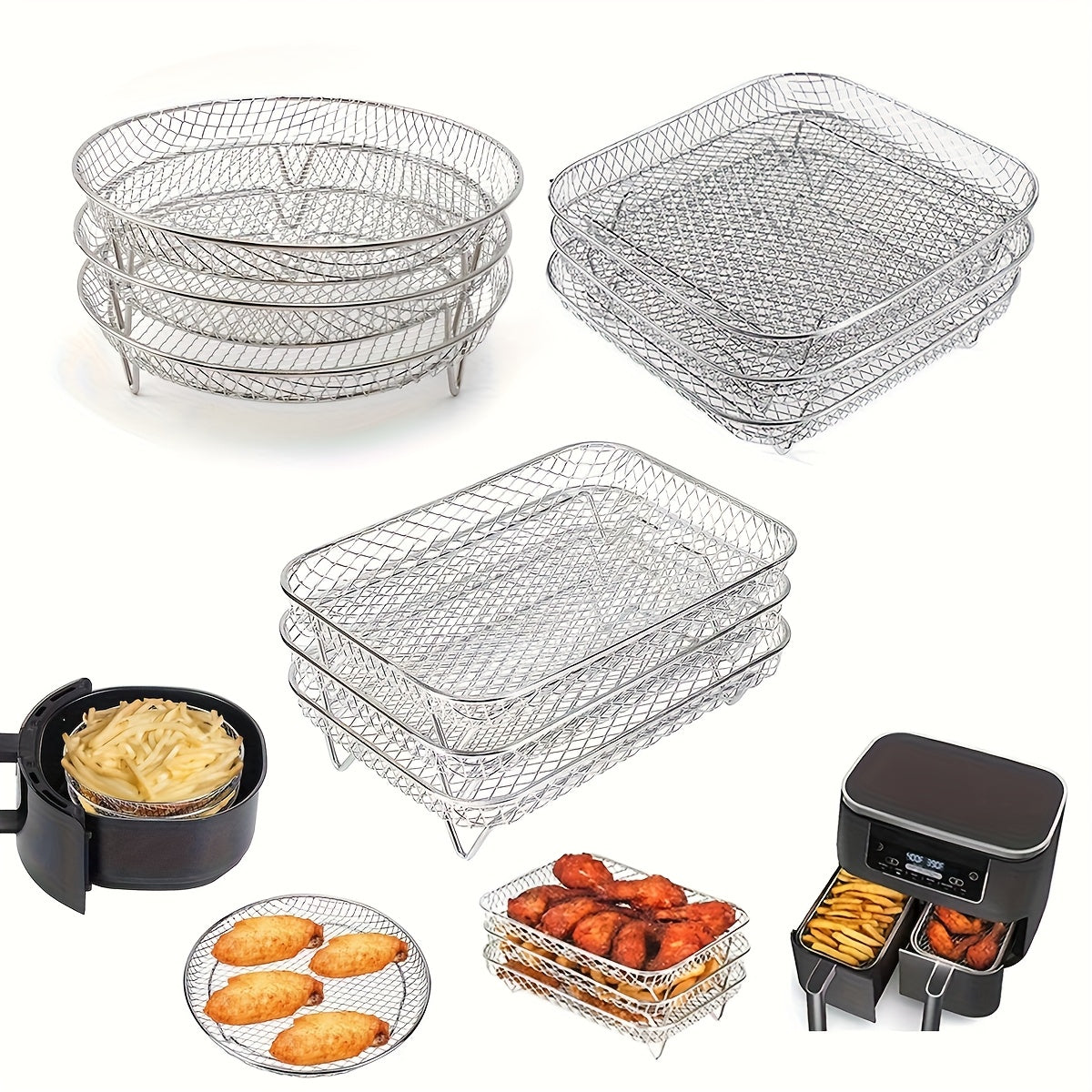 2 piezas de accesorios de freidora de aire de acero inoxidable, parrilla, papas fritas, muslos de pollo fritos - Apilables, adecuados para horno y freidora de aire, aptos para lavavajillas, elección perfecta para hornear saludablemente durante las vacaci