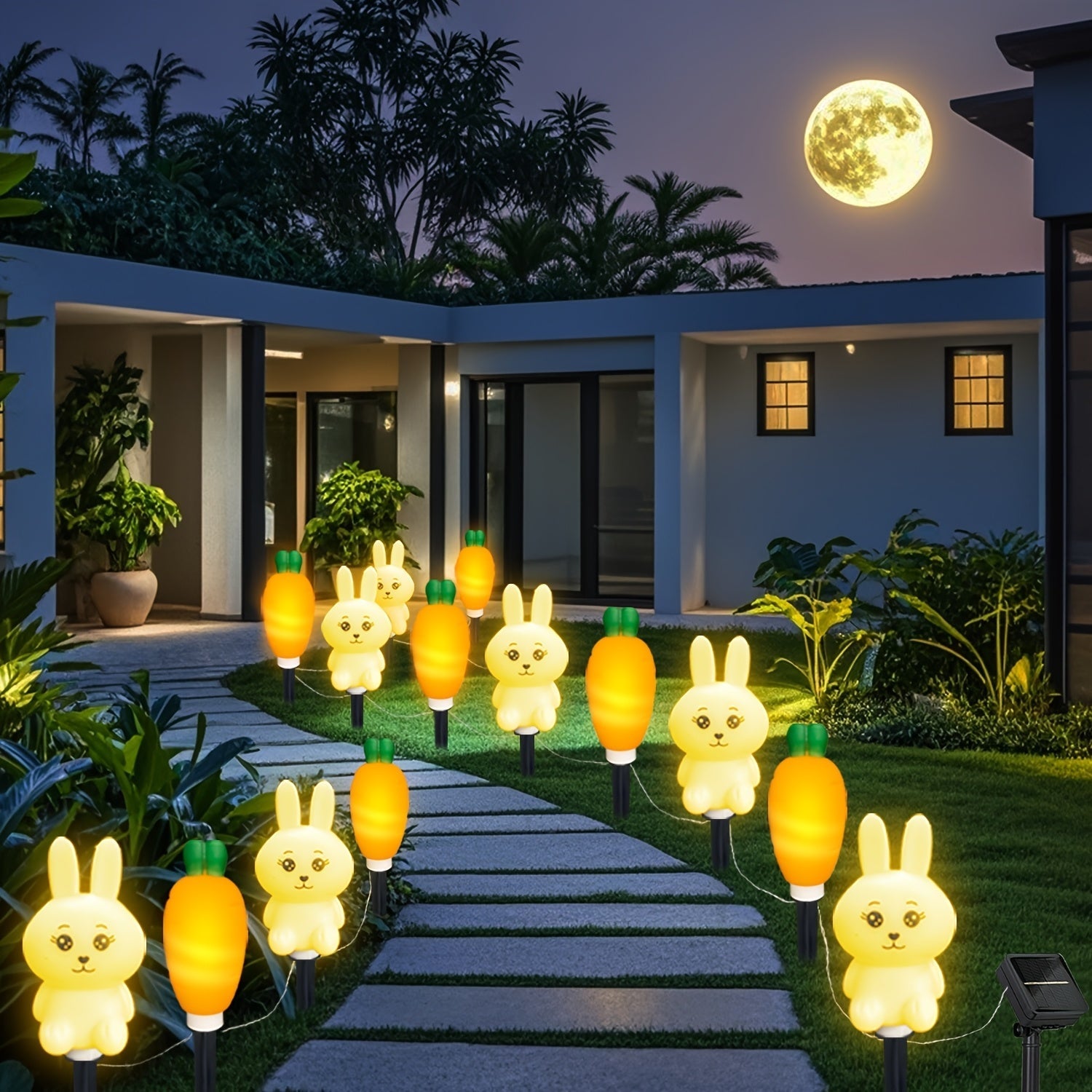 Luces LED solares de conejo/nabo de 8 huevos de Pascua, luces decorativas de ambiente festivo para exteriores, luces de jardín para exteriores, alimentadas por energía solar, adecuadas para jardín, césped, acera, camino de entrada, patio, paisaje decorat