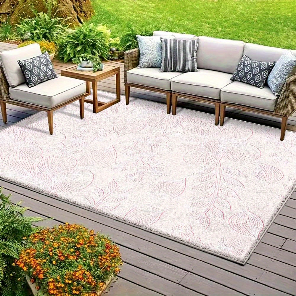 Siete Ciervos Alfombra Floral de Terciopelo para Exteriores - Suave, Antideslizante, Lavable en Máquina, Alfombra de Poliéster para Patio, Césped y Áreas de Alta Circulación, Color Crema con Diseño Floral Rosa, Ideal para Acampar en Camper y Vida al Aire