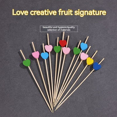 100pcs Palillos Artísticos de Bambú para Frutas, Decoraciones de Madera Desechables para Cócteles con Diseños de Amor y Flor de Ciruelo