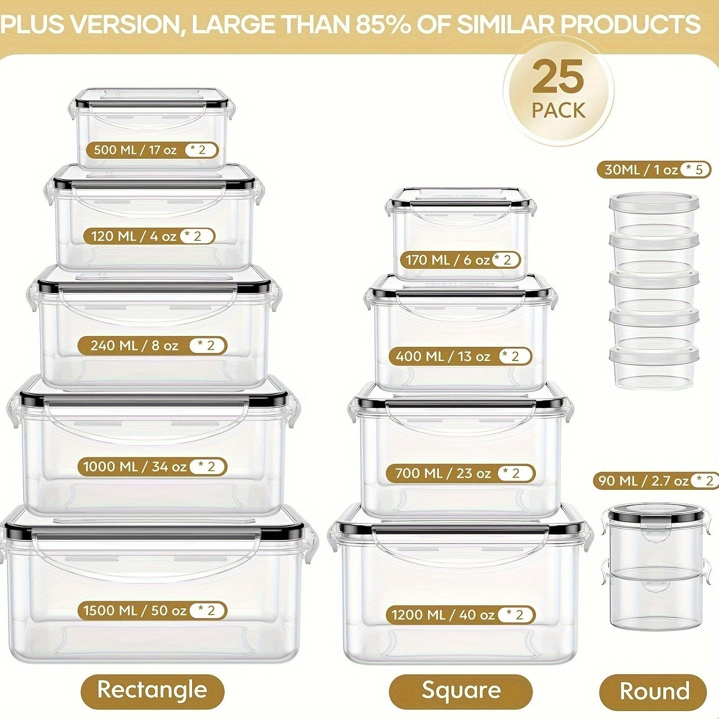 6/40/50 piezas de Contenedores para Almacenamiento de Comida con Tapas (20/25 Contenedores & 6/20/25 Tapa), Recipientes Herméticos Reutilizables para Preparación de Comidas, Contenedores de Cocina de Plástico con Etiquetas y Bolígrafo