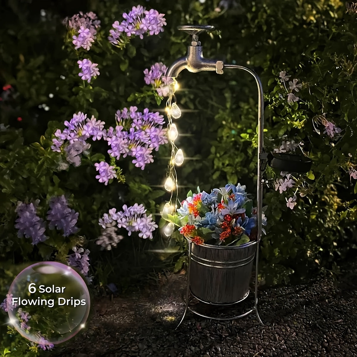 1 unidad, luces solares, decoración para jardín exterior, luces de paisaje con grifo de agua solar, luces de cascada solar, luces de hadas de metal para exterior con maceta, decoración para celebraciones, decoración exterior, decoración de jardín (flor n