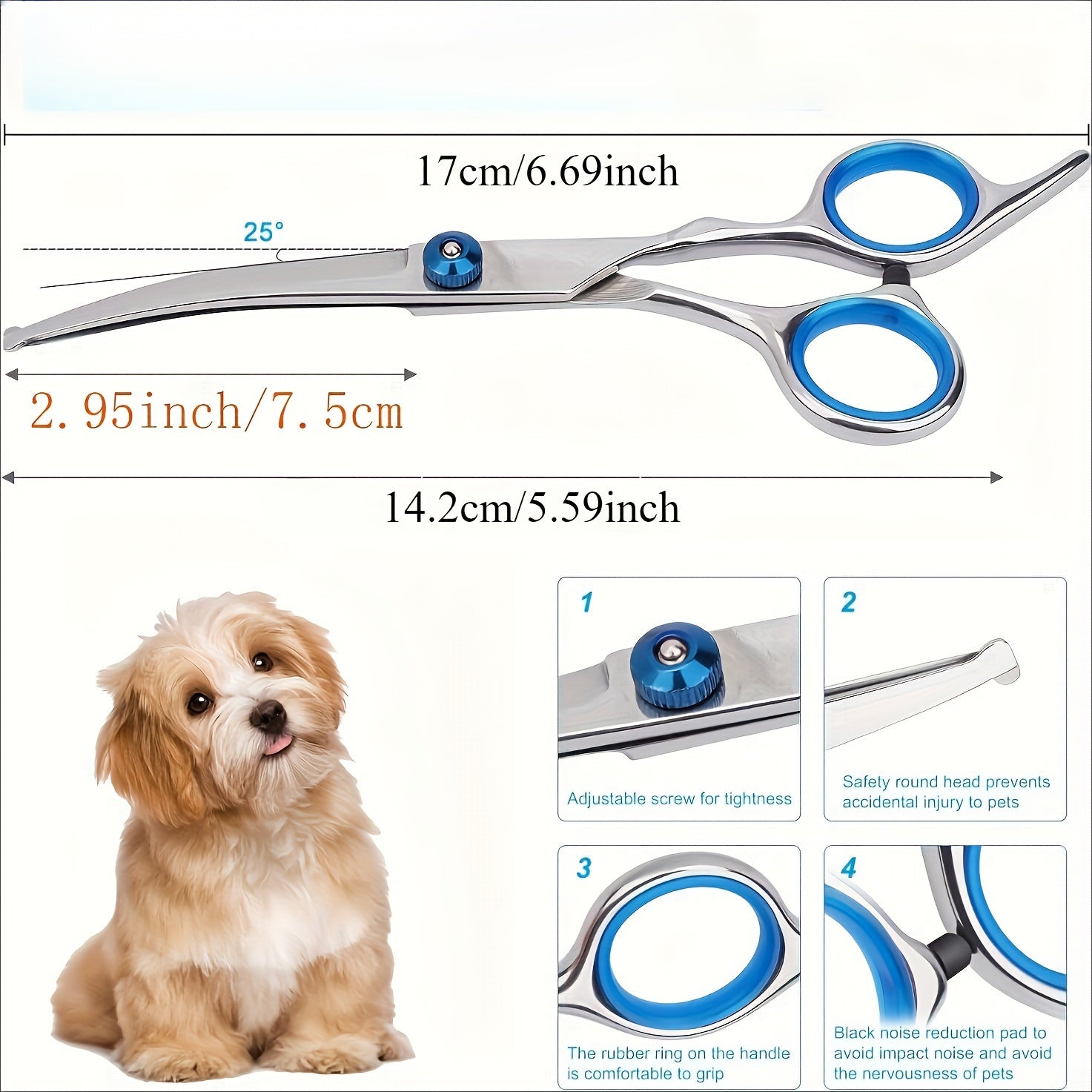 1pc Tijeras Profesionales para el Aseo de Mascotas, Tijeras Curvas de Acero Inoxidable con Punta Redonda de Seguridad, Ultra Afiladas de 19.05cm para Perros y Gatos, Diseño Manual en Forma de A para Recorte Preciso, Material Metálico Libre de Formaldehíd