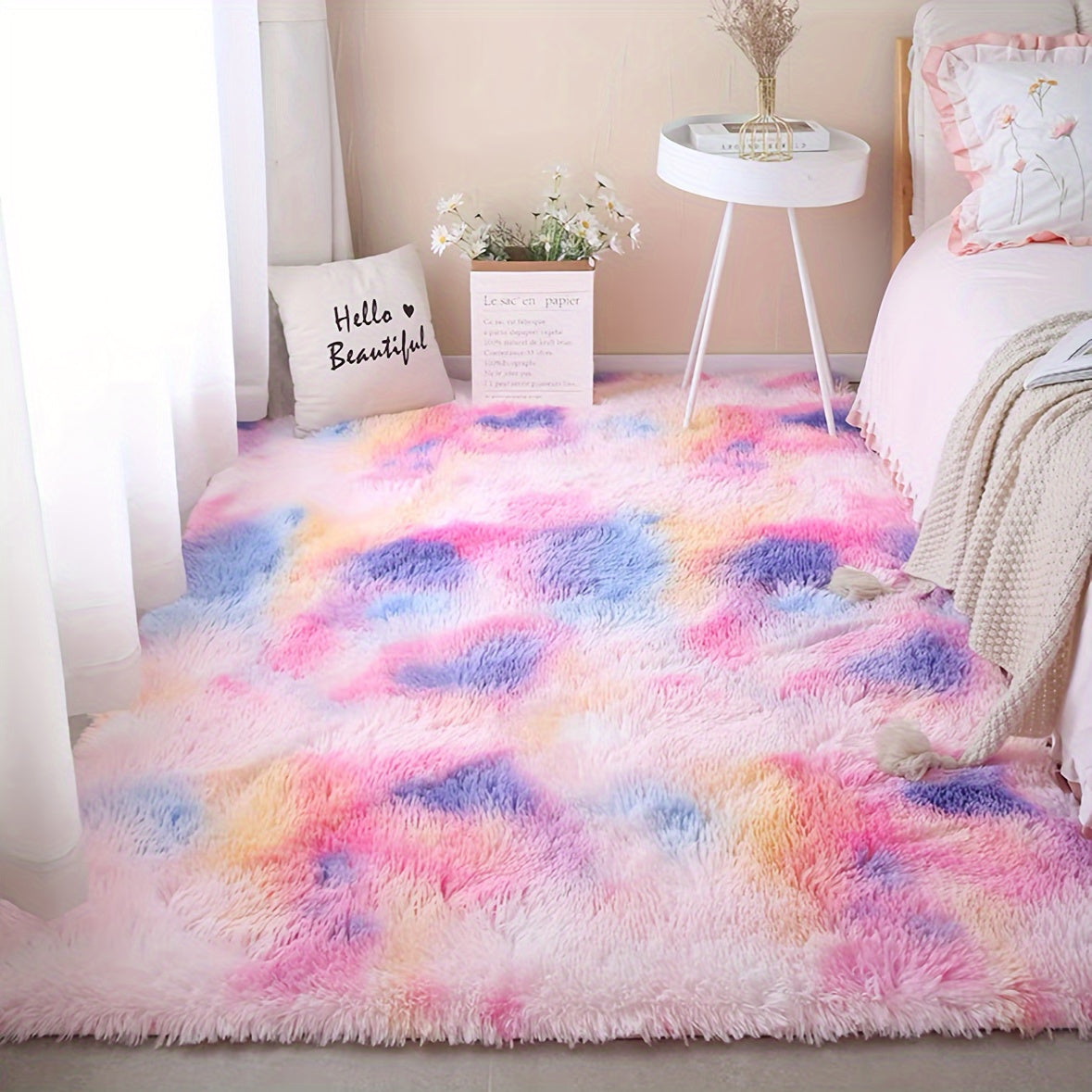 Alfombra de tela de peluche larga de colores de arco iris degradados con esponja suave y gruesa, atmósfera cálida y acogedora decorativa para interiores, alfombra de gran superficie para el suelo, limpieza a mano no se deshilacha y alfombra de pelo para