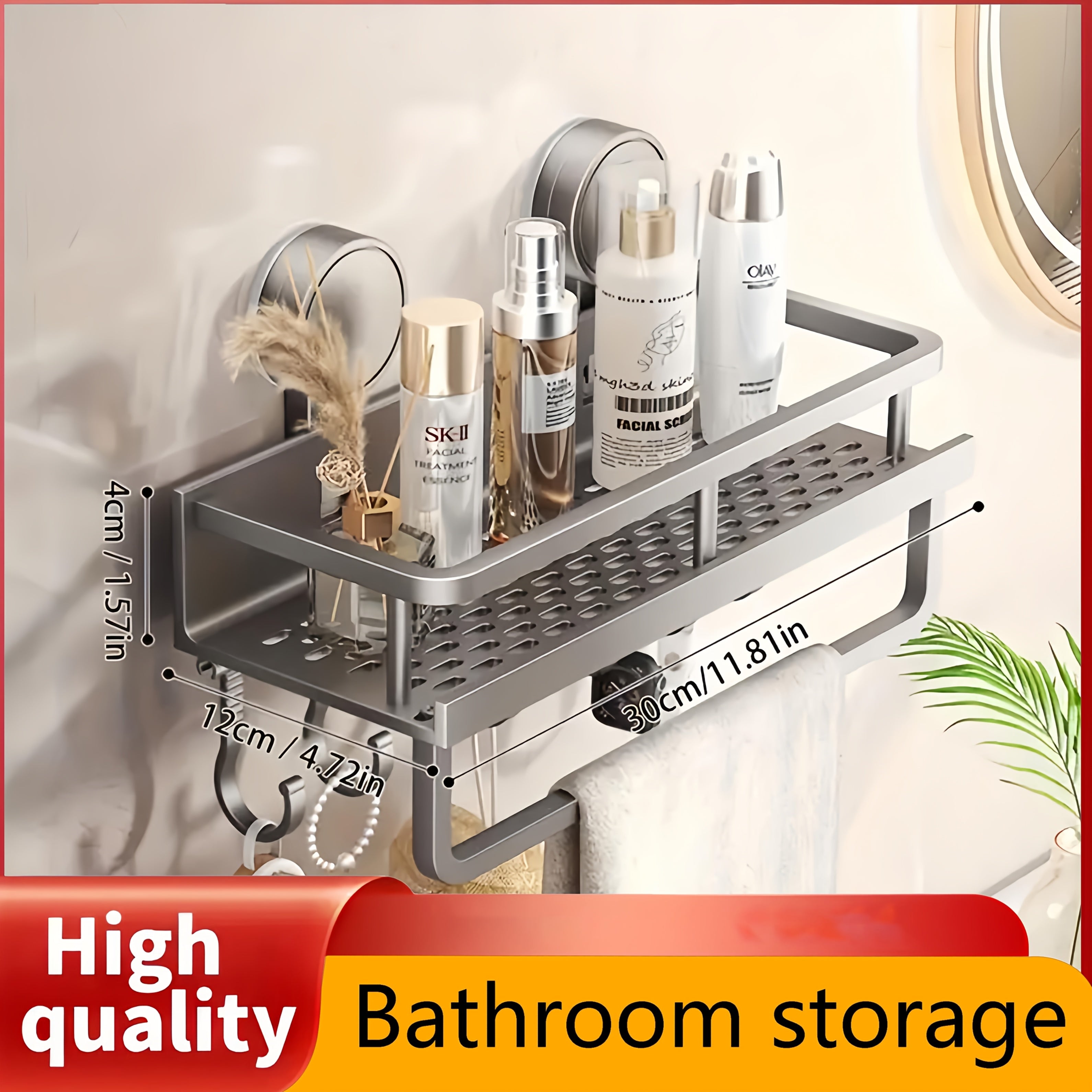 1 estante flotante para baño con ventosas, resistente y sin óxido, con ganchos para toallas, organizador de baño que ahorra espacio para champú, jabón y accesorios, organizadores y almacenamiento de baño, bandeja de baño