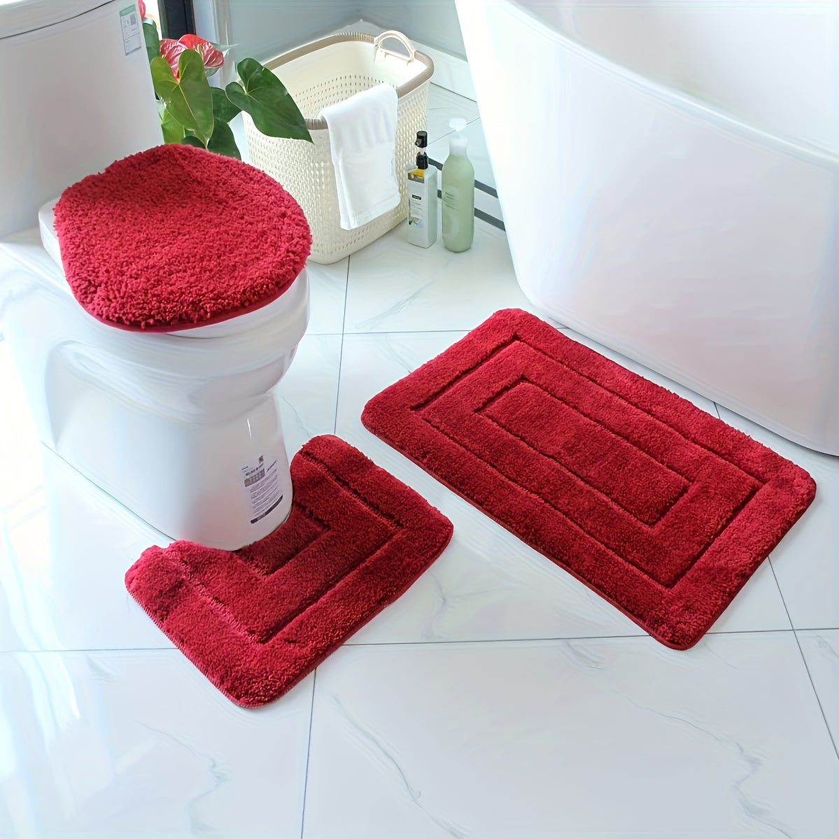 Conjunto de 3 alfombras de baño de microfibra ultrafina - Secado rápido, absorbente, antideslizante, alfombra de baño en forma de U, tapa de inodoro, poliéster tejido, resistente a la decoloración, densidad de 1500 g/m², grosor de 2 cm, lavable a máquina