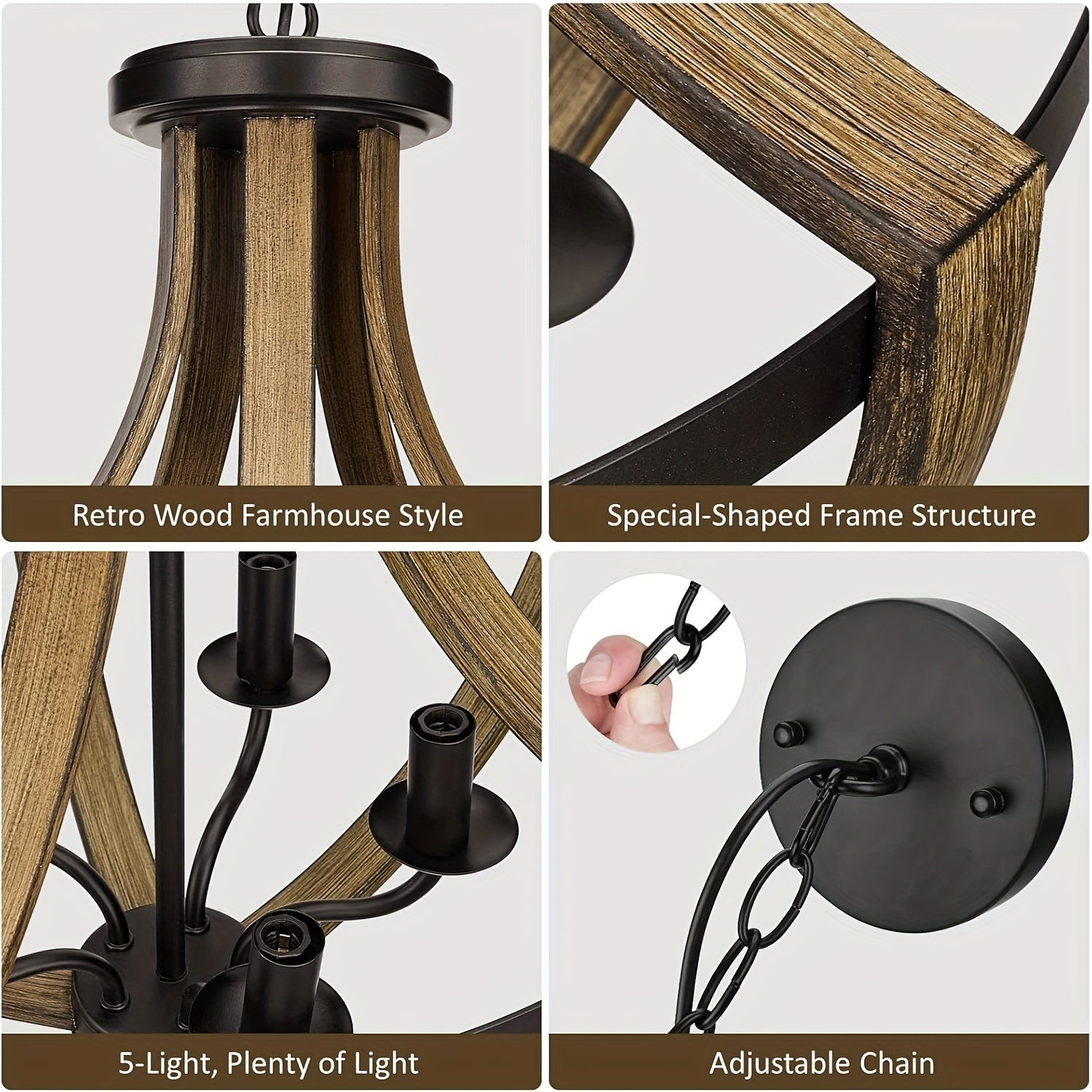 Lámpara colgante geométrica moderna para granja, 5 brazos de altura ajustable, montaje semi-inclinado, diseño de hierro negro y madera, colgante desmontable para comedor, vestíbulo, isla de cocina - No incluye bombilla, luces de techo para dormitorio