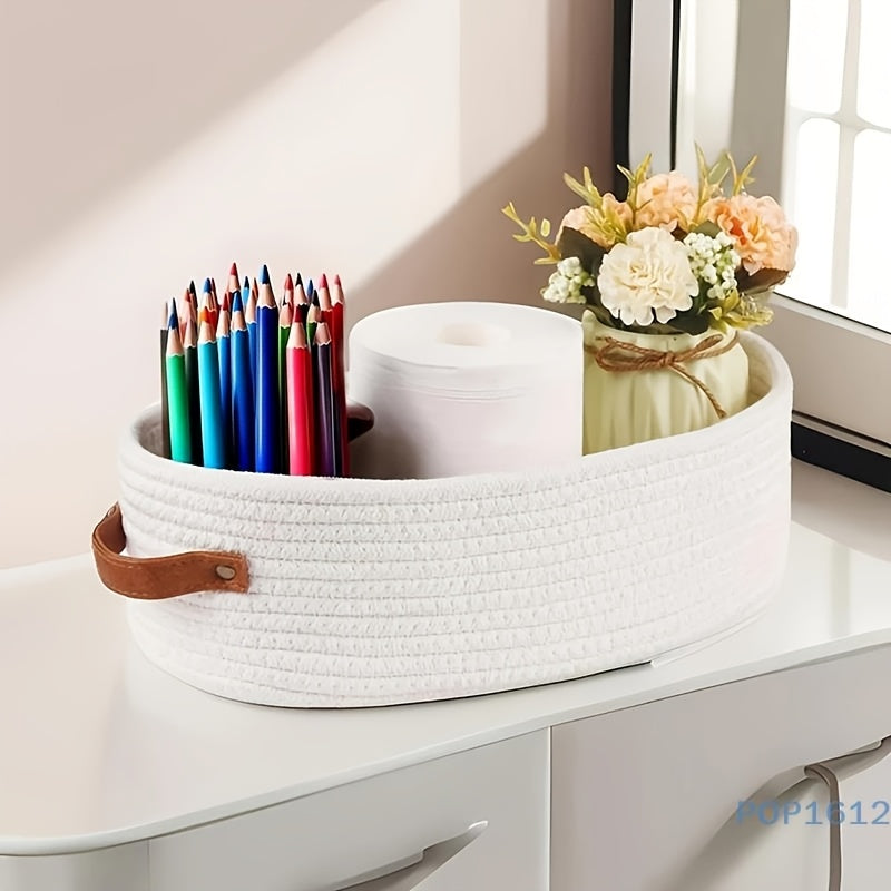 Canasta de Almacenamiento Tejida Nórdica - Organizador de Tela Blanca para Baño, Encimera y Escritorio - Decoración Rústica con Asas Resistentes, Cesta Multiusos Duradera para Cosméticos, Llaves y Objetos Varios