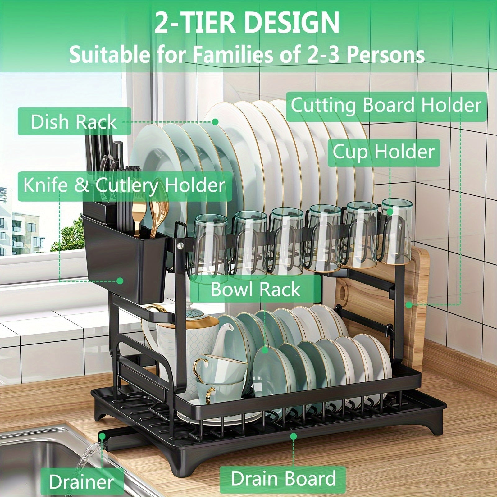 Estante de secado de platos de metal de 2 niveles con escurridor, estante de platos de cocina multifuncional con soporte para utensilios y tazas, ahorro de espacio, a prueba de óxido, negro