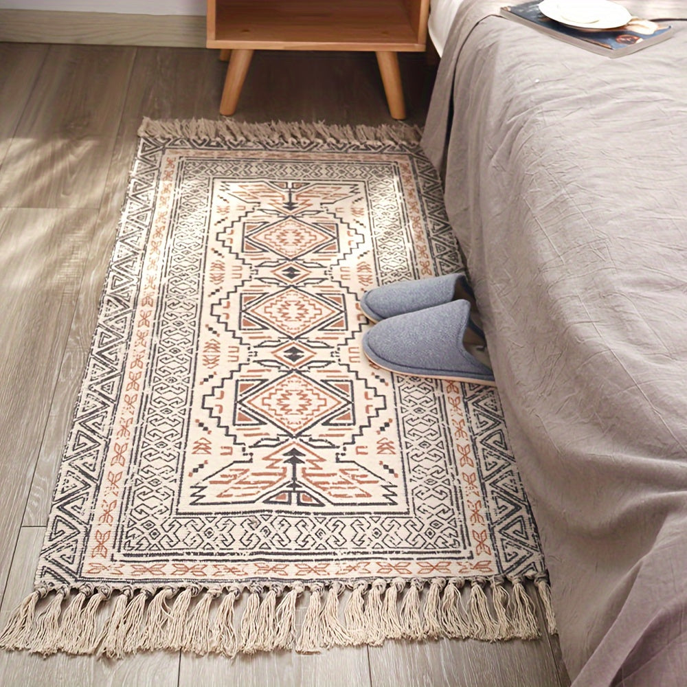 1 pieza de alfombra de estilo nórdico étnico tejida a mano con borlas - Patrón geométrico en rojo, azul, blanco y beige, tejido de poliéster lavable para decoración de sala de estar, dormitorio o oficina en casa, alfombras para sala de estar.