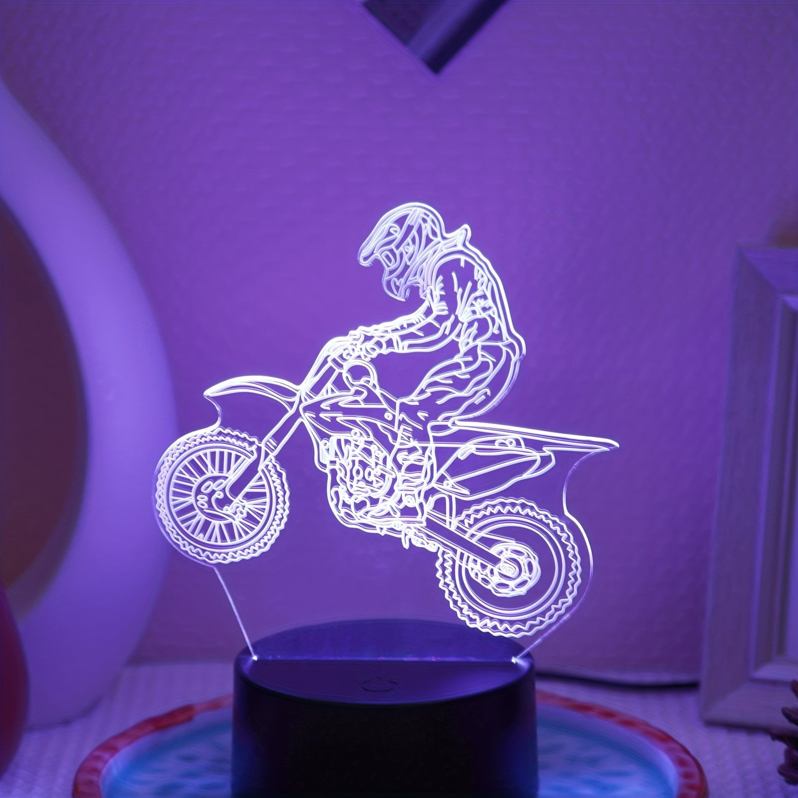 1pc Luz Nocturna de Carrera de Motocicleta 3D Activada por Tacto - Lámpara de Escritorio con Cambio de 7 Colores y Alimentación USB, Diseño Geométrico Moderno con Brillo Morado para Dormitorio y Decoración del Hogar, Decoración de Motocicletas