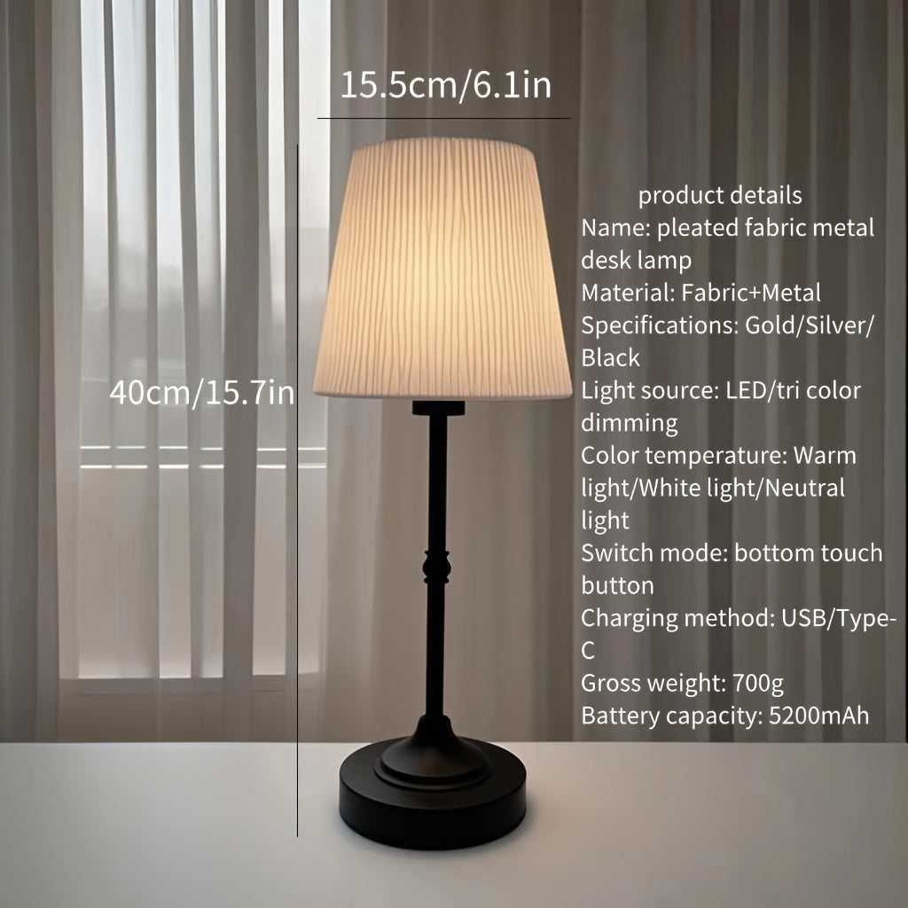 Lámpara de mesa recargable LED con luz ambiental decorativa, retro inalámbrica, alta luminosidad, interruptor táctil, estructura de tela y metal, USB, luz nocturna creativa, capacidad de 5200 mAh, batería de larga duración, colores dorado, plateado y neg