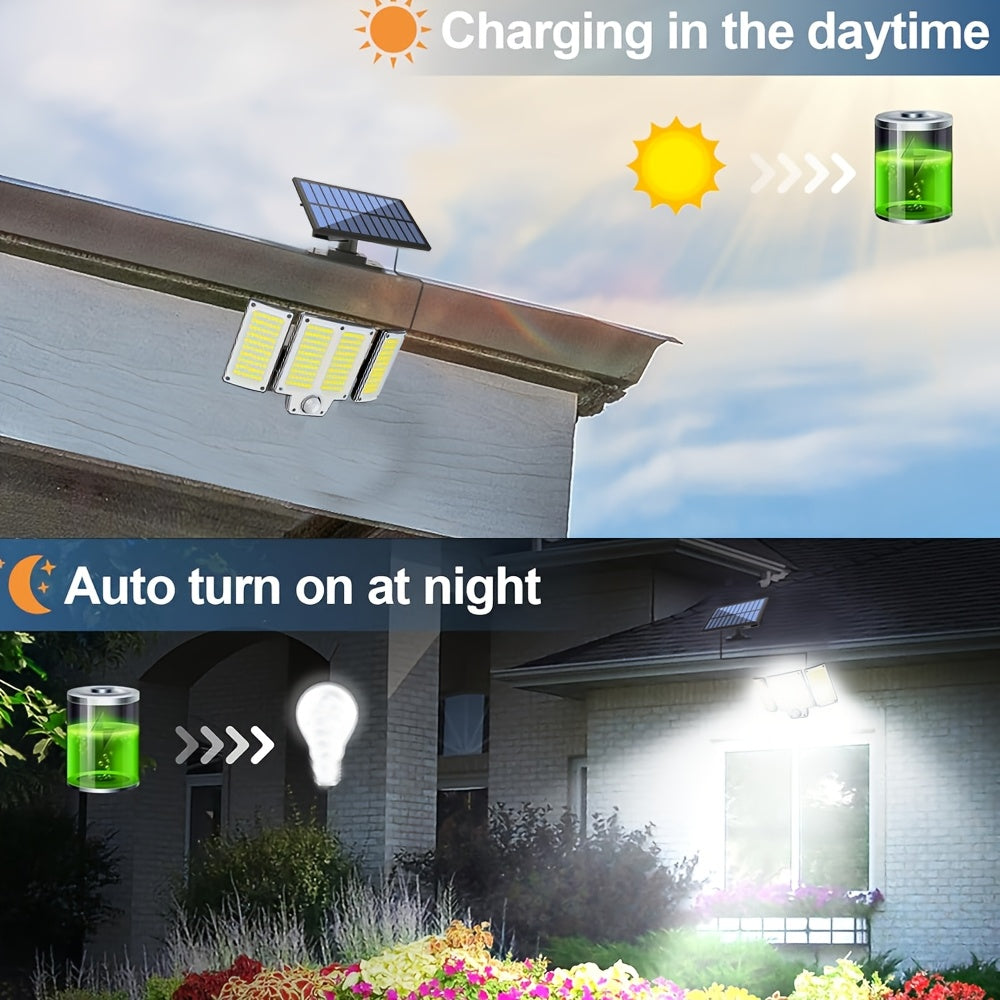 Luces Solares Exteriores de 280 LED con Sensor de Movimiento, Luces Solares IP44 con Control Remoto, 3 Modos, Reflectora Solar de 3 Cabezas para Patio, Garaje, Porche, Jardín