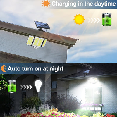 Luces Solares Exteriores de 280 LED con Sensor de Movimiento, Luces Solares IP44 con Control Remoto, 3 Modos, Reflectora Solar de 3 Cabezas para Patio, Garaje, Porche, Jardín