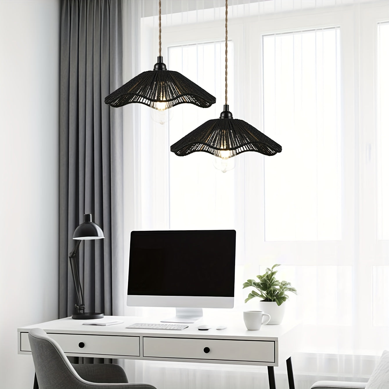 Pantalla colgante de lámpara tejida a mano con papel de cuerda, diseño moderno en forma de abanico, opciones en negro y amarillo, elegante cubierta de lámpara de techo para decoración de hogar y oficina, no requiere electricidad, accesorio versátil para
